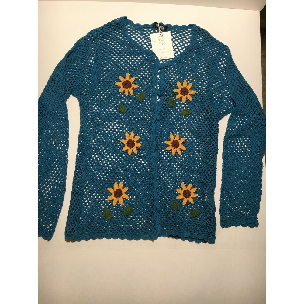 Zibitto Open Knit Cardigan Sweater Crochet Women's Button-up Teal Floral Sz M